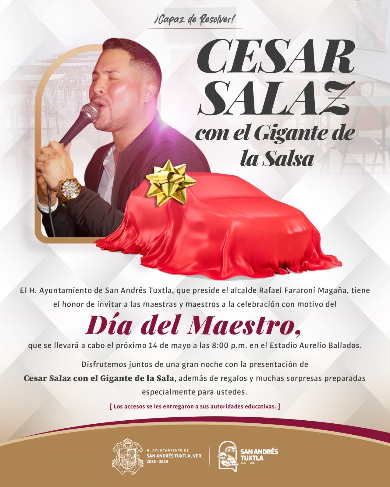 El H. Ayuntamiento Constitucional de San Andrés Tuxtla, a través de la Dirección de Imagen y Redes, hace una cordial invitación a los distintos medios de comunicación para dar cobertura al magno festejo con motivo del Día del Maestro.