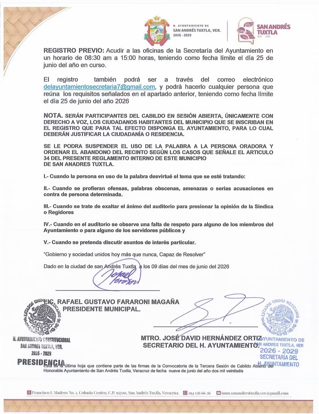Convocatoria | El H. Ayuntamiento de San Andrés Tuxtla invita a la ciudadanía a participar en la Tercera Sesión de Cabildo Abierto 2026.